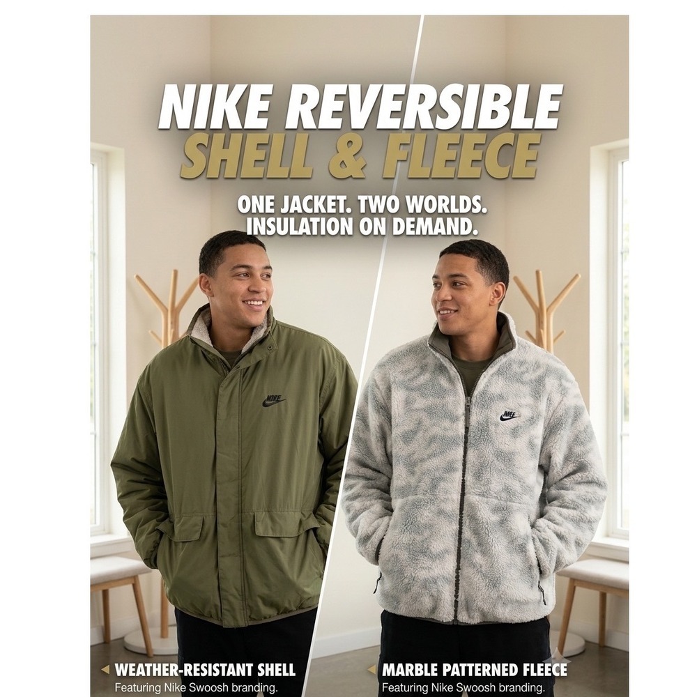 Nike Mens Reversible Shell Fleece utility Jacket Olive Green Marble camo size -M